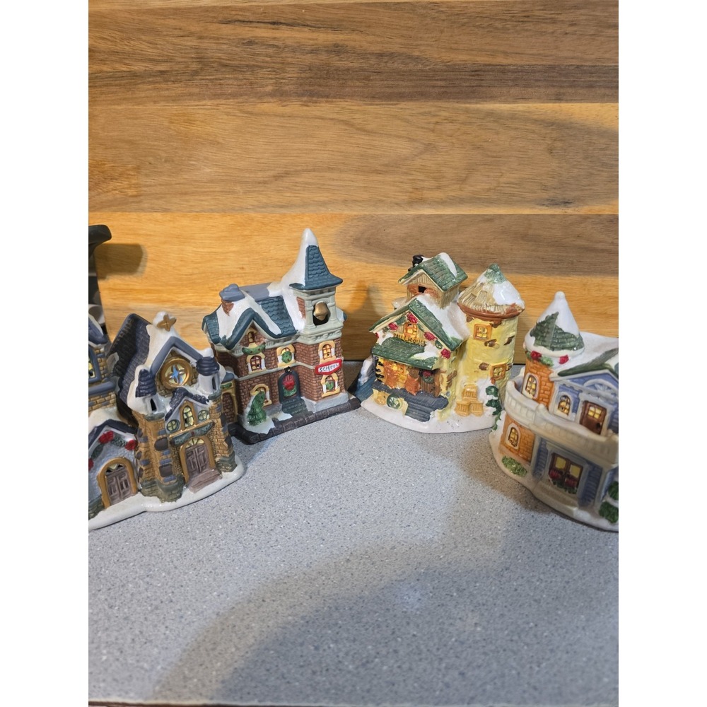 Vintage Handpainted Minature Ceramic Christmas Village, School, Church, 2 Houses